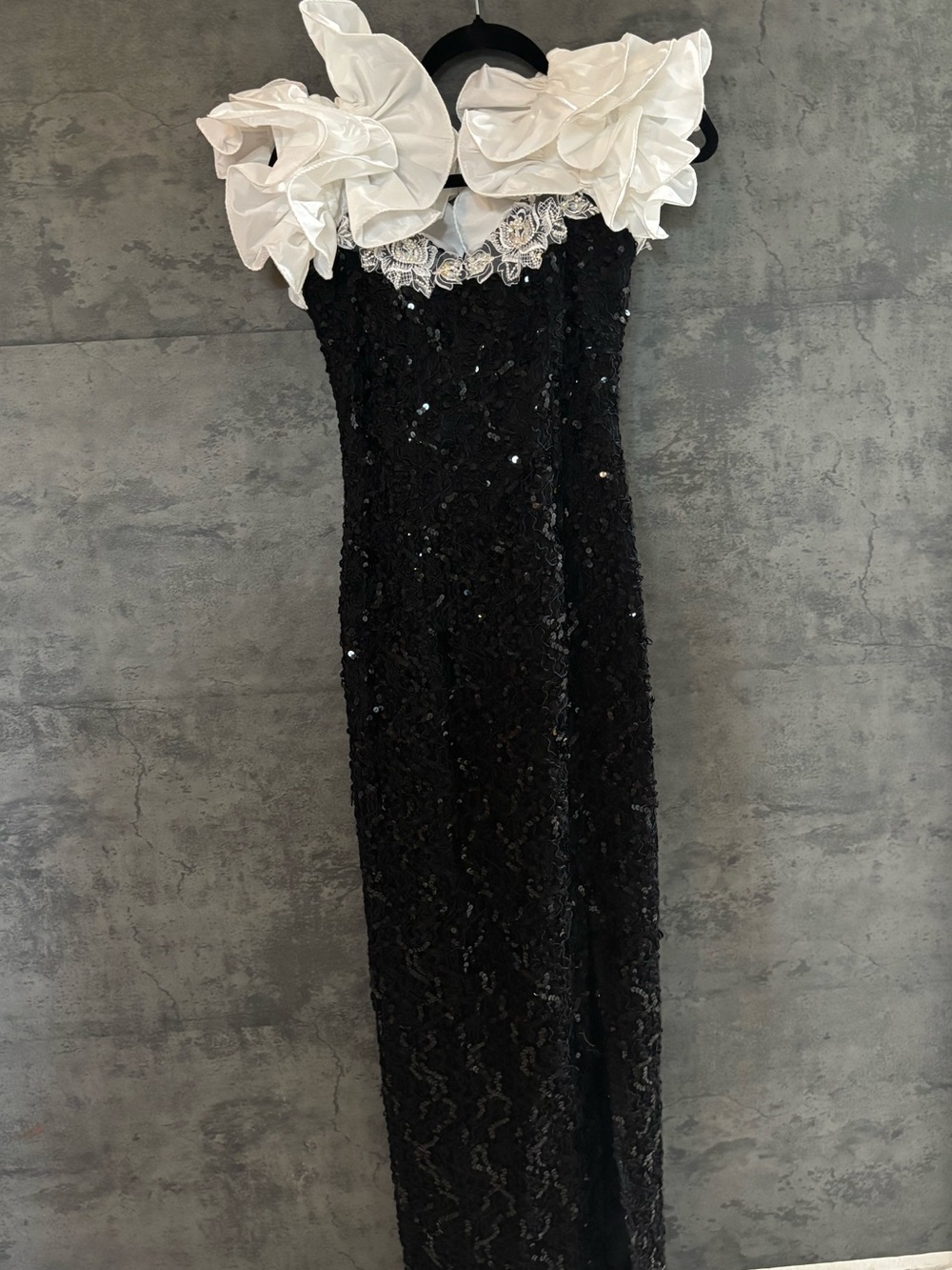Dave & Johnny Black Sequin Strapless Gown with White Ruffle Collar